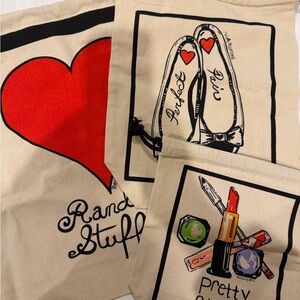 Brighton Canvas Set of Drawstring Tote Bags with Heart and Fashion Print. NWOT